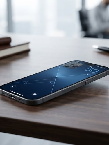 A premium modern smartphone displaying a full 5G signal bar on a sleek dark wooden office desk, bright high-key studio lighting, professional deep blue tones, sharp focus