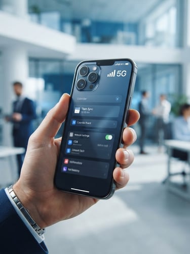 Close-up of a modern smartphone showing full 5G signal bars in front of a clean, bright corporate office background, high-key lighting, professional tech blue tones, sharp focus