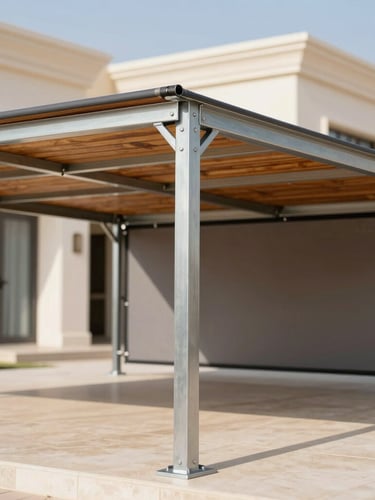 Finished heavy-duty car shade under bright Kuwaiti sun, showing solid steel pillars and precise welds, modern villa in the background, sharp focus, 35mm