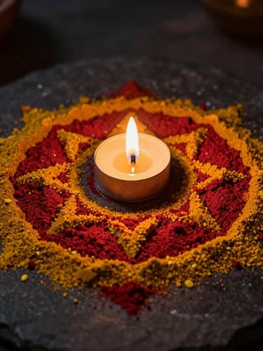Extreme macro close-up of vermillion powder and turmeric yellow grains arranged in sacred geometric patterns on a dark stone surface, lit by a single oil lamp, 35mm