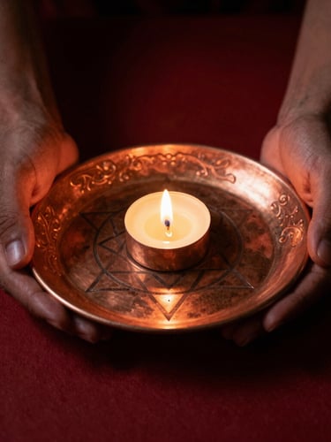 Moody low-key photography of hands holding a sacred copper yantra plate over burning camphor, warm candlelight casting deep shadows, rich vermillion tones, 35mm