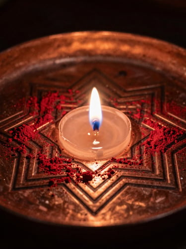 Macro shot of a copper yantra plate etched with geometric patterns, dusted with rich vermillion powder under single-source candlelight.