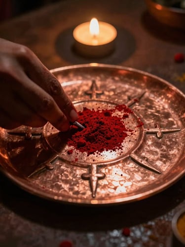 Macro photography of hands preparing a copper yantra plate, covered in sacred red vermillion and turmeric powder, low-key candlelight casting dramatic shadows, 35mm.