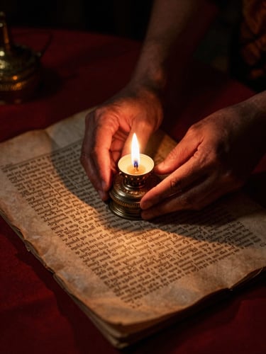 Low-key dramatic close-up of hands holding an ancient palm-leaf manuscript over a glowing oil lamp, deep shadows, rich vermillion tones, 35mm