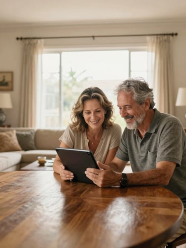 Wide environmental shot of a warm, sunlit Brazilian living room. An active couple in their early 60s sits together at a clean wooden table, smiling while looking at a tablet. Soft morning window light, cozy domestic atmosphere.