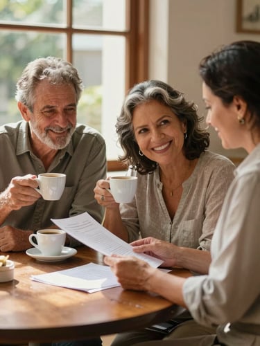 Medium environmental portrait of a smiling Brazilian couple in their early 60s sitting at a sunlit wooden table, sharing coffee and reviewing documents with a friendly, professional consultant. Soft natural window light, warm and authentic atmosphere.
