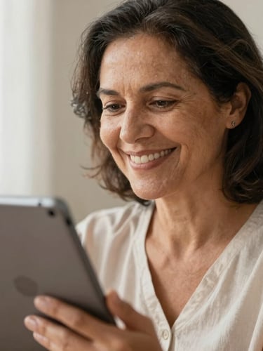 A close-up of a mature Brazilian woman smiling warmly while looking at a tablet, soft morning light, authentic and reassuring