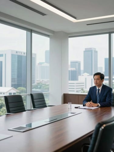 A bright, modern corporate boardroom in Jakarta, floor-to-ceiling windows overlooking the skyline, natural daylight, professional scale, 35mm.