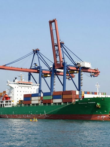 Wide-angle editorial photograph of a modern deepwater port in Indonesia, container ships docked under giant cranes, natural bright daylight, rich navy and emerald tones, 35mm.