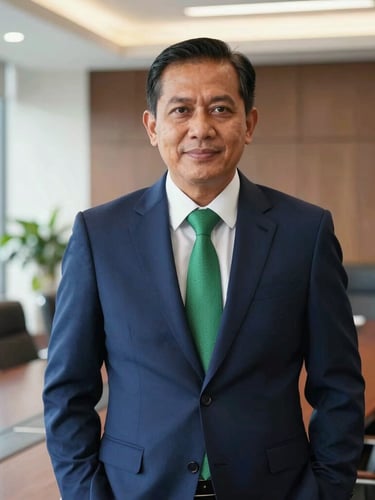 A professional medium-close portrait of a distinguished Indonesian executive in a modern, sunlit corporate boardroom, navy suit, confident expression, editorial 35mm.