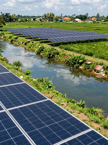 Wide environmental shot of modern Indonesian agricultural landscape with solar panels near a clean river, bright editorial daylight, 35mm
