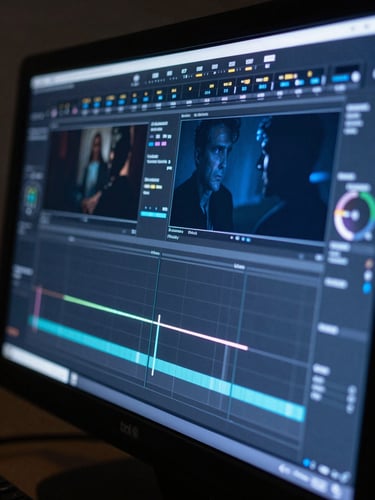Extreme close-up of a professional color grading monitor displaying a richly graded commercial scene, deep steel blue shadows and controlled highlights visible on the scopes panel at screen edge, studio ambient cool light, tight crop showing only the screen surface and a sliver of bezel