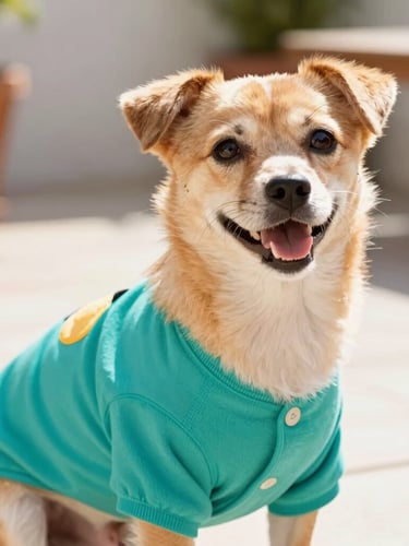 Close-up of a happy small dog wearing a colorful handmade teal shirt on a sunny patio, warm natural light, shallow depth of field