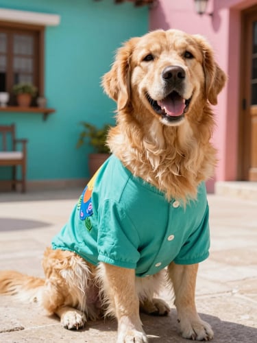A happy golden retriever wearing a colorful handcrafted teal shirt, sitting on a sunny Mexican patio, vibrant pet photography, bright natural daylight, 35mm lens