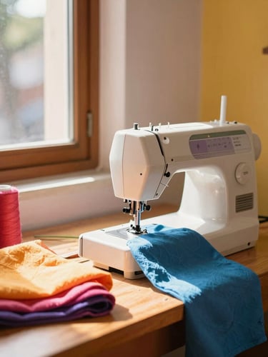 A cozy family workshop scene in Celaya with colorful fabrics, a sewing machine on a wooden table, warm sunlight streaming through a window