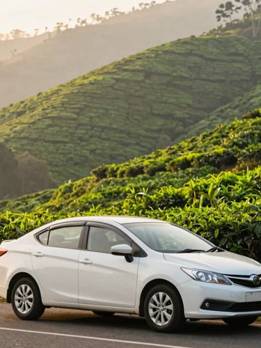 A clean white air-conditioned sedan parked along a scenic, mist-covered mountain road in Munnar, soft morning daylight, lush tea estates in the background