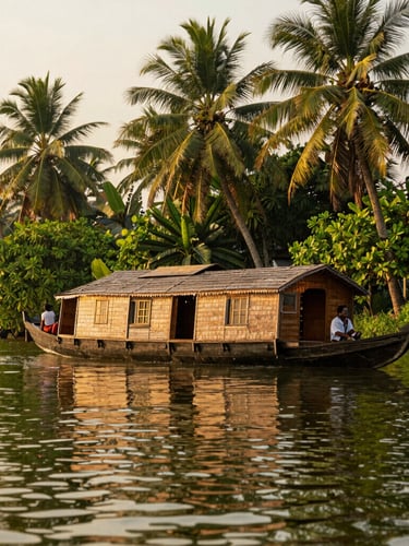 Wide environmental shot of a couple on a traditional wooden houseboat deck in Kumarakom backwaters, soft golden-hour tropical daylight, rich saturated greens