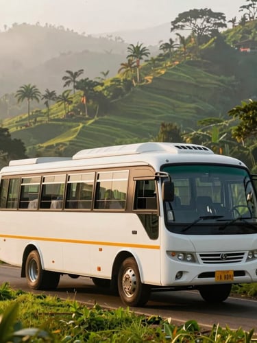 A clean white passenger coach parked near a misty Munnar hillside, soft morning light, rich green foliage, editorial travel photography.