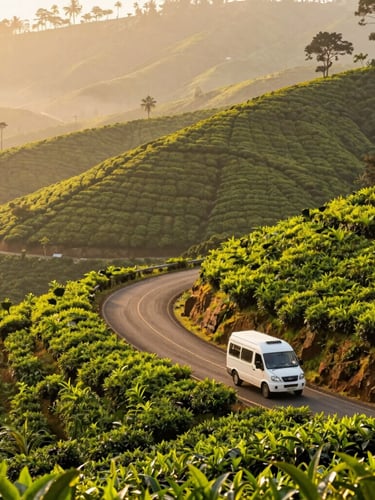 Wide environmental shot of Munnar tea hills under soft morning mist, a clean white traveler vehicle subtly integrated on a winding road, warm golden-hour tropical daylight, 35mm