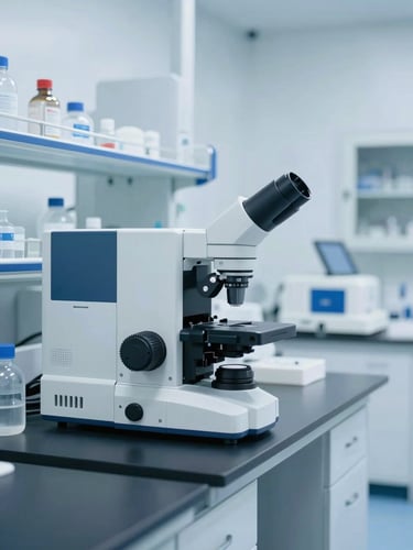 A clean laboratory interior with high-complexity testing equipment, bright cool daylight, sterile white and blue tones, sharp focus.