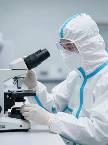 A professional clinical laboratory technician in protective gear analyzing samples under bright, clean cool-toned daylight.