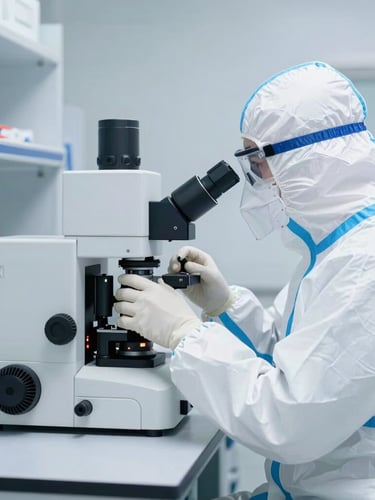 Focused medical technologist in protective gear calibrating high-complexity scientific instruments in a sterile white laboratory, bright cool daylight