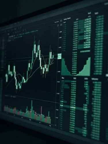 Macro close-up of a premium dark-themed trading terminal interface on a high-end monitor, displaying multiple charts and an order book with subtle emerald green highlights, shallow depth of field, moody low-light environment.