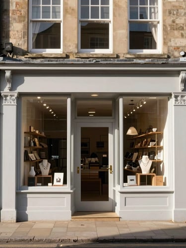 A crisp, straight-on architectural shot of a boutique craft shop front in a British historic town, natural morning light, sharp shadows.