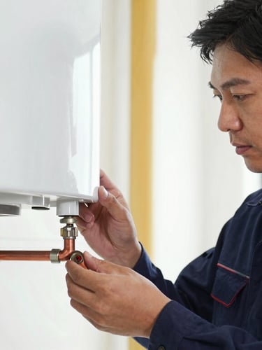 Close-up portrait of a professional engineer in a dark blue uniform carefully inspecting the copper pipe connections of a newly installed combi boiler, bright natural daylight, sharp focus on craftsmanship.