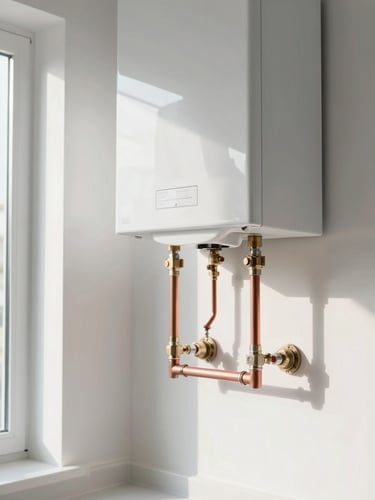 A clean, modern utility room with a newly installed combi boiler, precise copper piping connections, bright natural daylight, sharp focus, technical engineering detail.