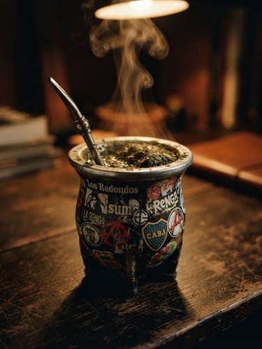 Cinematic close-up of a seasoned mate cup covered in stickers on a dark wooden desk, warm overhead light, steam rising, shallow depth of field, 35mm film grain.
