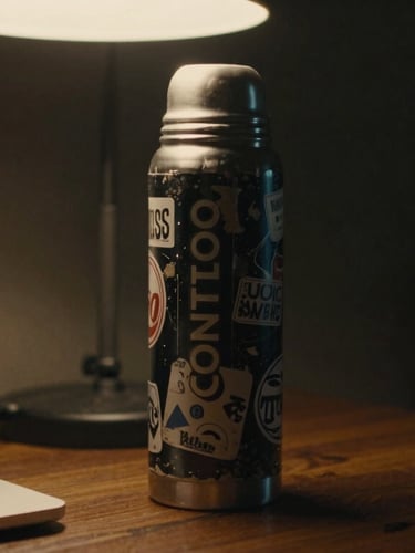 Cinematic close-up portrait of a rugged black Contigo thermos covered in worn skate stickers, sitting on a dark wooden desk next to a laptop, warm overhead lighting, deep shadows, 35mm film grain