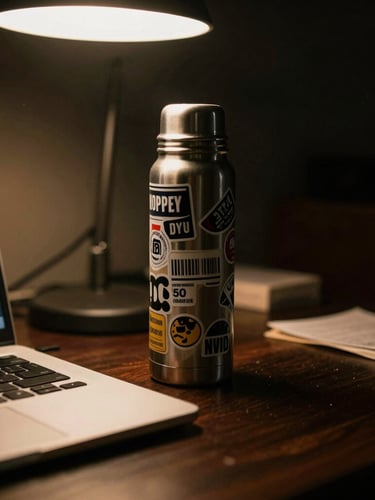 Close-up of a rugged stickered thermos next to a laptop on a messy dark desk, warm cinematic overhead lighting, shallow depth of field.
