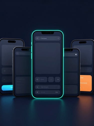 Sleek dark-mode 3D render of clean user interface mockups on modern devices, glowing cyan rim lights, deep navy background, octane render, portrait framing