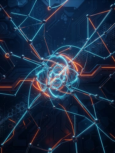 Sleek dark-mode 3D render of abstract digital network nodes glowing with electric cyan and vibrant orange neon rim lights, deep navy background, clean geometric circuit patterns, octane render, portrait framing.