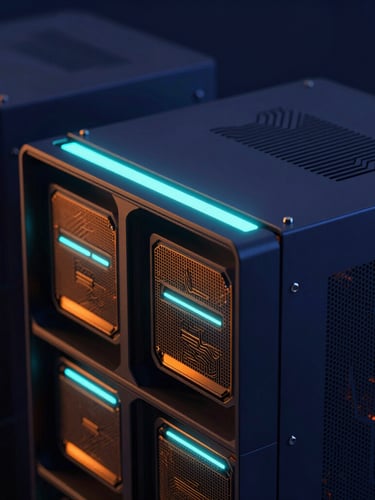 Macro shot of modern server hardware with glowing cyan led lights, deep navy background, sharp neon orange reflections, sleek tech aesthetic