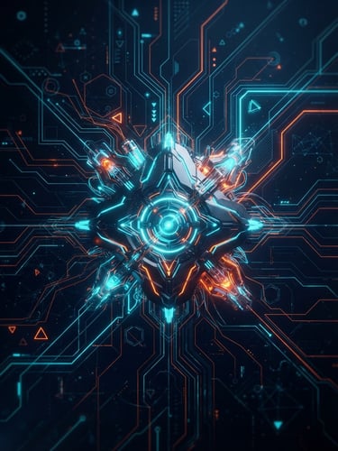 Sleek dark-mode 3d render of a glowing cyan network node with vibrant orange accents, deep navy background, clean geometric circuit patterns, octane render