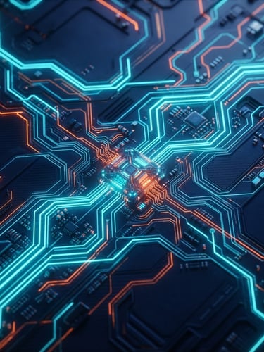 Sleek dark-mode 3D render of glowing cybernetic circuits, electric cyan and vibrant orange neon lines on deep navy background, macro perspective, octane render