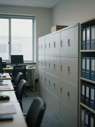 Wide environmental shot of an organized accounting office interior, filing cabinets and orderly shelves to the right edge, a desk with documents and a monitor visible, north-facing daylight through frosted windows, cool and methodical atmosphere, no people