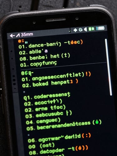 A high-contrast macro photograph of a rugged Android device displaying a terminal interface with green code, dark industrial background, glowing green and orange terminal light, sharp focus on device screen, 35mm