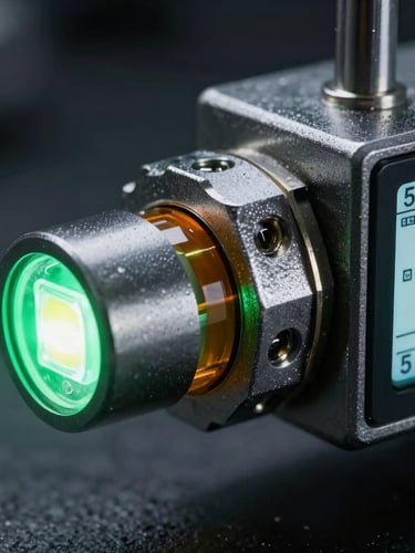 Extreme close-up macro shot of a heavy steel mechanical switch next to a glowing green LED light, dark industrial background, sharp focus, technical blueprint aesthetic, 35mm
