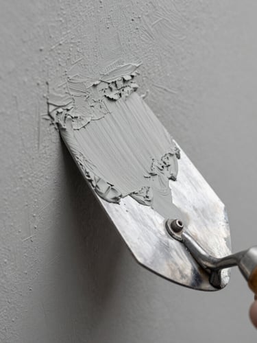 Close-up macro shot of a metal trowel applying smooth grey plaster to a wall, sharp focus on texture, clean lines, natural overcast daylight