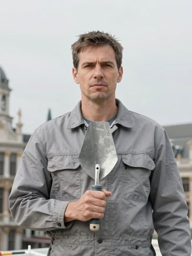 Straight-on architectural portrait of a professional builder in clean grey workwear, holding a plastering trowel, desaturated slate tones, bright overcast daylight, Brussels background