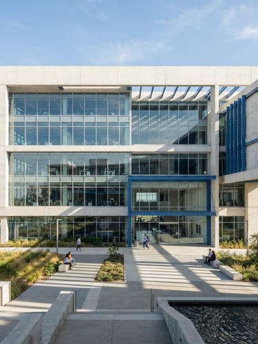 Wide architectural view of a bright, minimalist concrete tech headquarters with floor-to-ceiling windows, cool daylight casting sharp linear shadows, blue accent structural details.