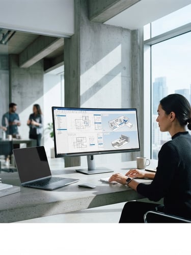 Modern, clean architectural workspace with bright cool daylight and sharp shadows, high-end hardware displaying clean data interfaces on a sleek concrete desk, 35mm lens, crisp blue and white tones