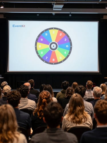 Wide panoramic shot of a live event hall, a large projection screen showing the EventKit spinning wheel interface in mid-spin, crowd gathered around looking up, natural venue ambient and stage lighting, screen glow visible