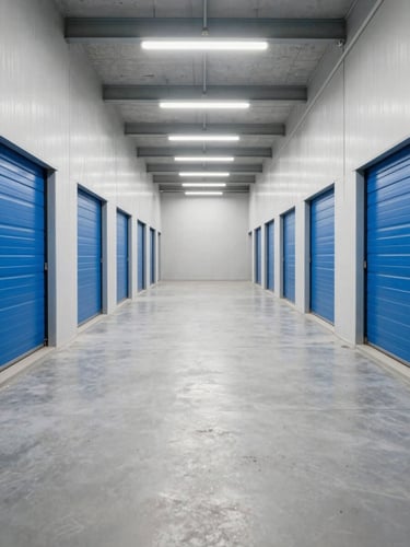 Symmetrical wide-angle shot of a clean, bright industrial warehouse corridor with uniform blue storage unit doors under crisp overhead lighting.