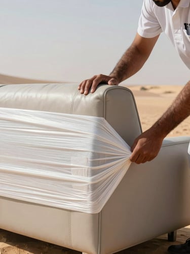 A close-up shot of a professional Al Bahaar crew member in clean uniform securing a leather sofa corner with heavy-duty multi-layer protective wrap, bright natural desert daylight, clean composition.