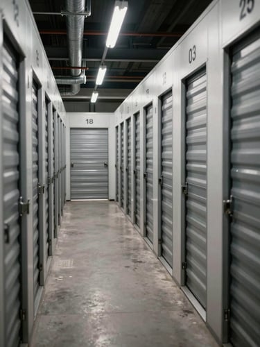 Clean, modern self-storage corridor with numbered units and secure metal doors under cool indoor lighting, sharp perspective.