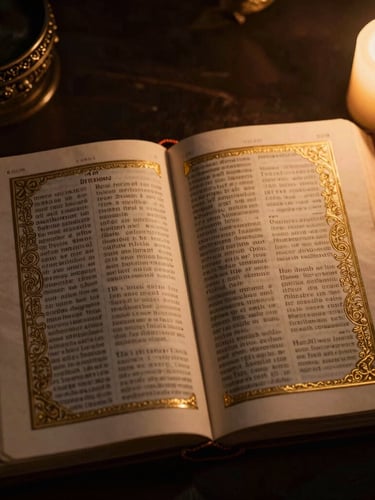 Dramatic overhead macro photography of an open ancient Bible with gold-embossed pages, warm candlelight, deep shadows.